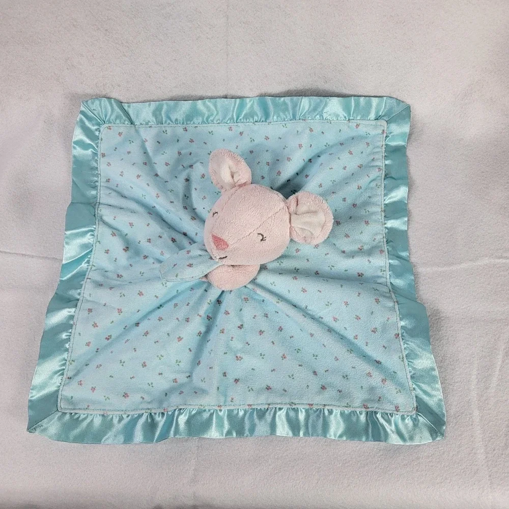 Carters Pink & Blue Teal Floral Stuffed Mouse‎ Lovey Plush Satin Edges Blanky